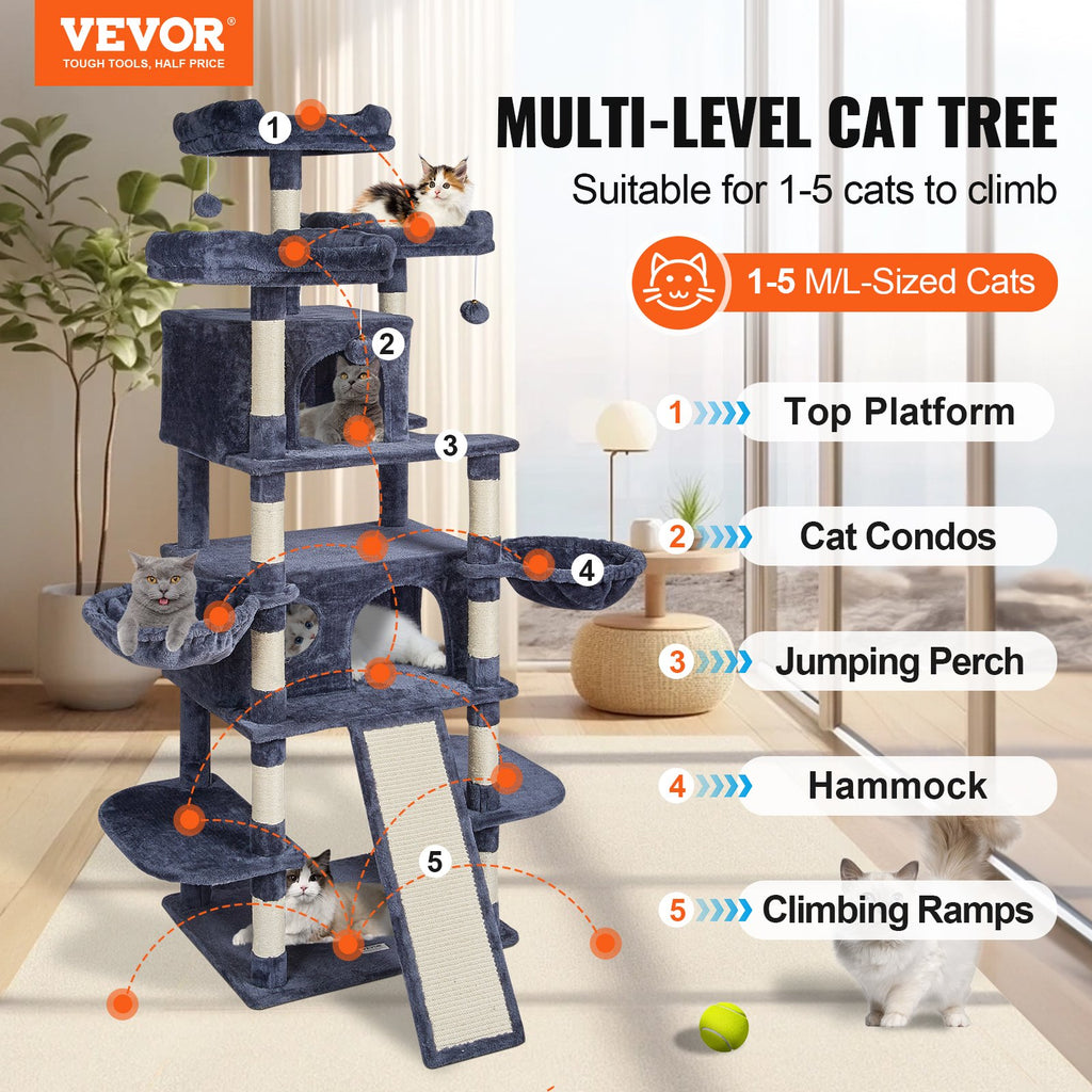Cat Tree For Indoor Cats, 68.5" Cat Tower With 2 Cat Condos, Sisal Scratching Post, Hammocks, Top Perches, Jumping Platforms And Ramp, Cat Furniture Activity Center With Hang Balls, Dark Grey