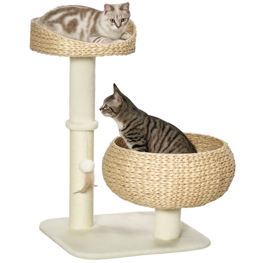 28" Elevated Cat Bed with Sisal Scratching Post for Indoor Kitties, Modern Cat Tree with Cute Basket Design, Small Cat Tree with Fun Ball Toy