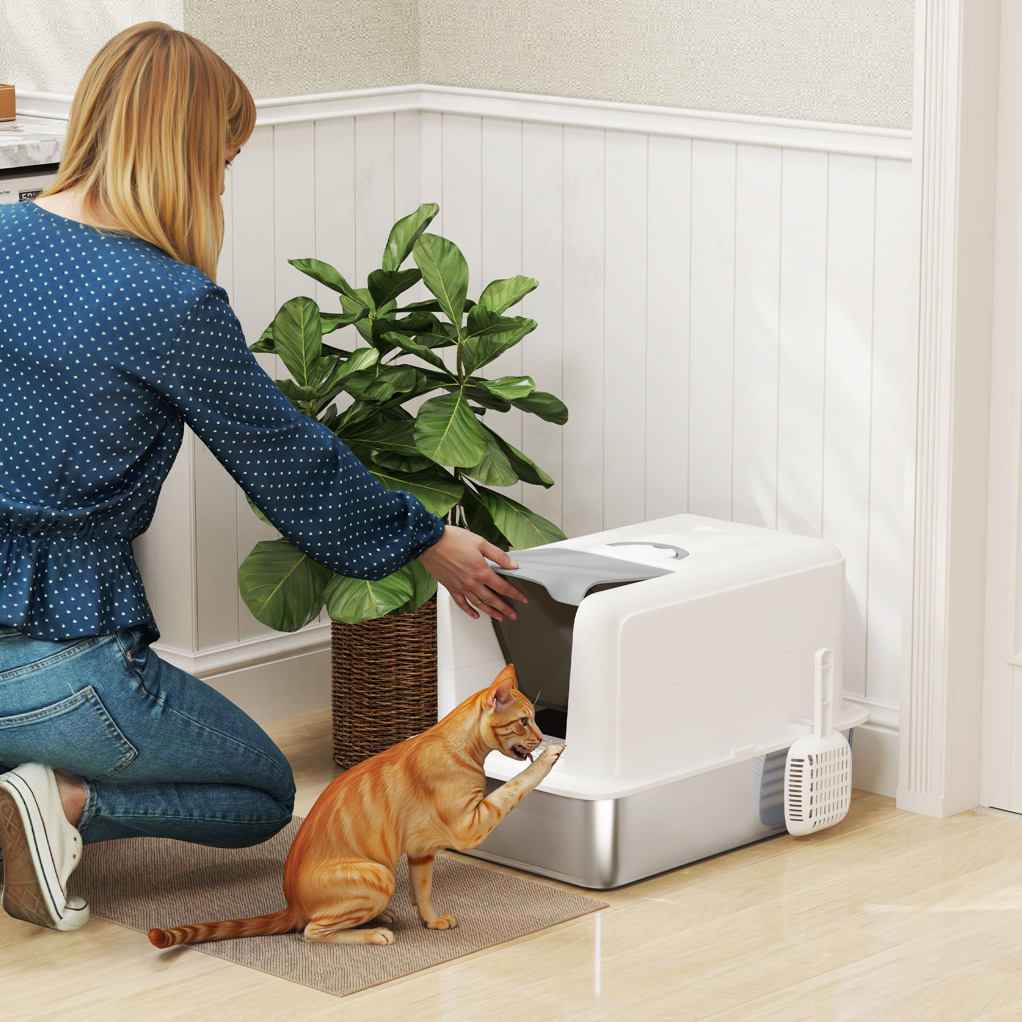 2 in 1 Stainless Steel Cat Litter Box with Removable Lid, Scoop, Filter Bags, for Small to Large Cats, White