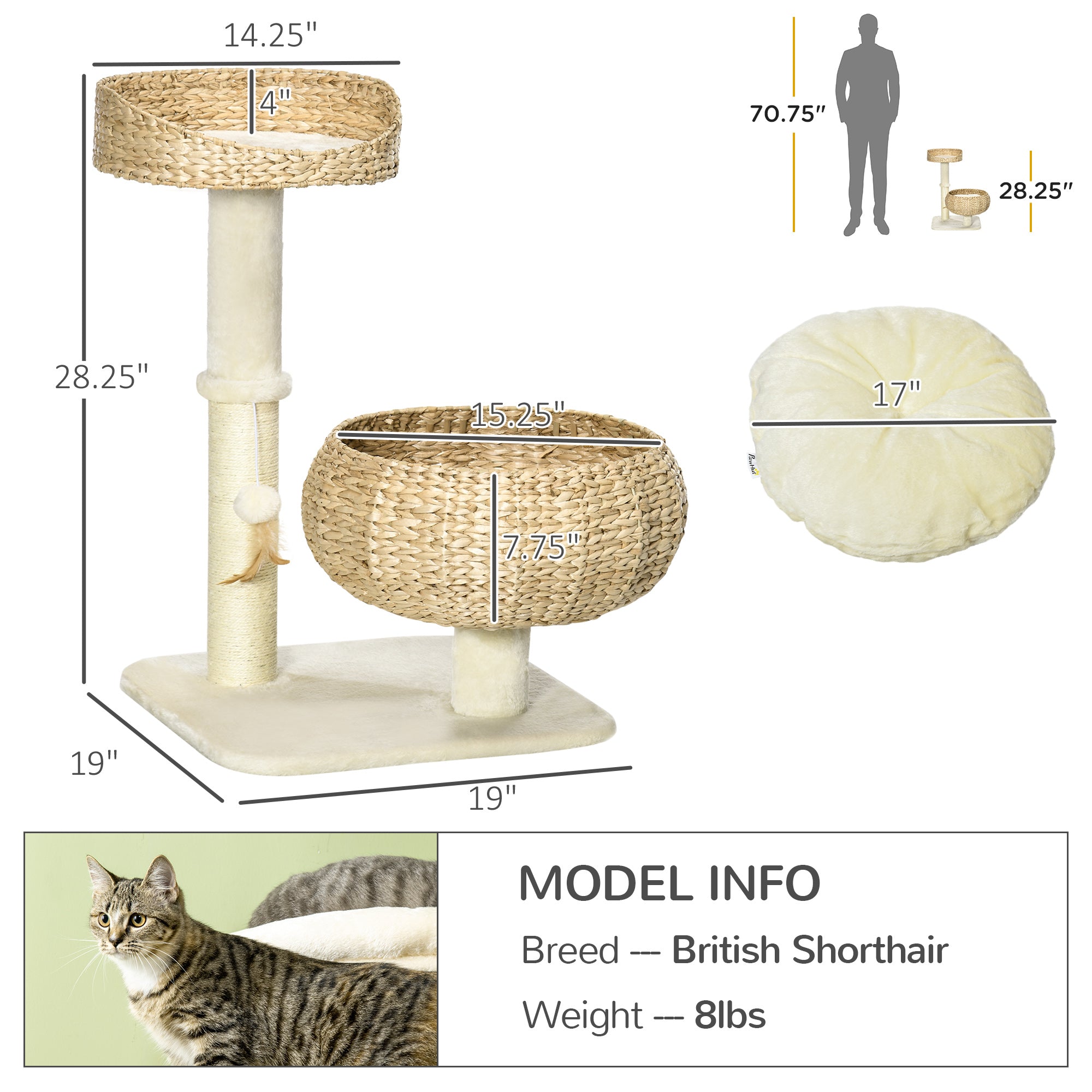 28" Elevated Cat Bed with Sisal Scratching Post for Indoor Kitties, Modern Cat Tree with Cute Basket Design, Small Cat Tree with Fun Ball Toy