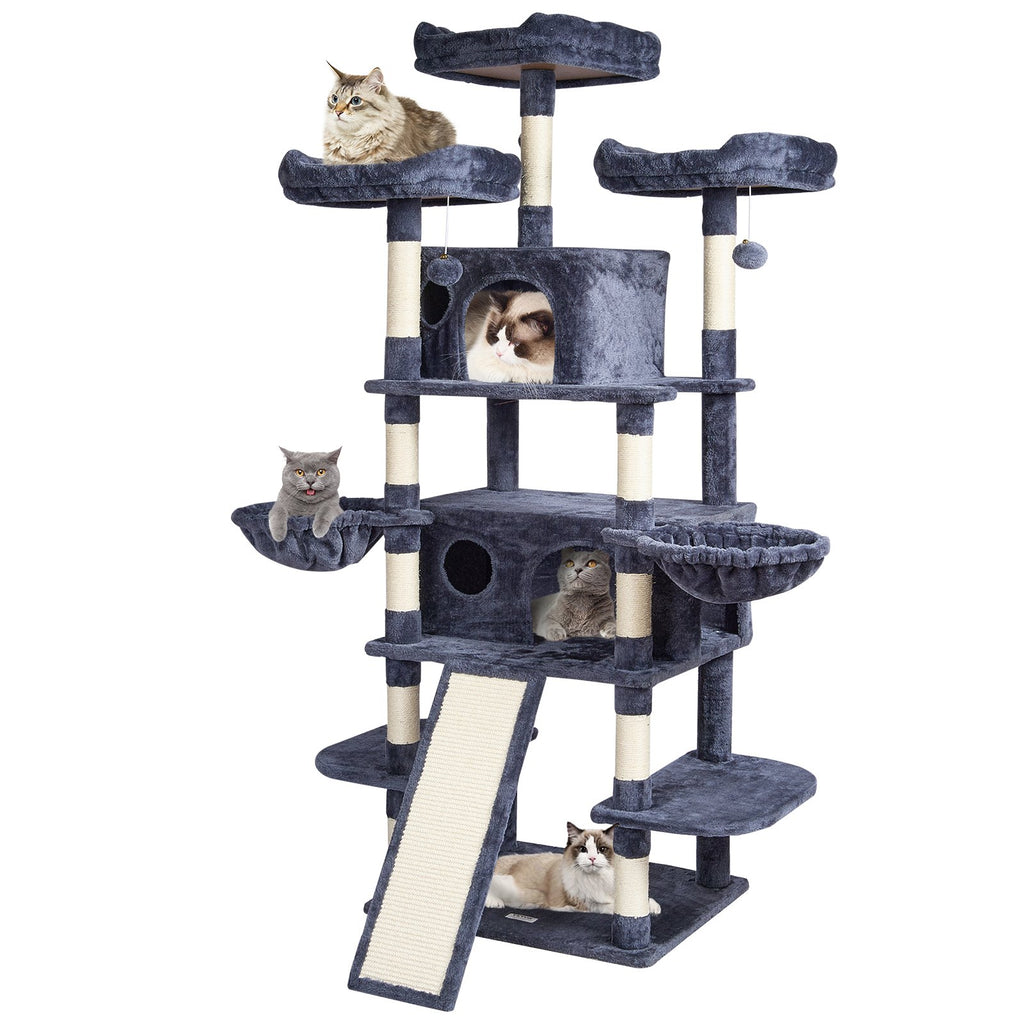 Cat Tree For Indoor Cats, 68.5" Cat Tower With 2 Cat Condos, Sisal Scratching Post, Hammocks, Top Perches, Jumping Platforms And Ramp, Cat Furniture Activity Center With Hang Balls, Dark Grey