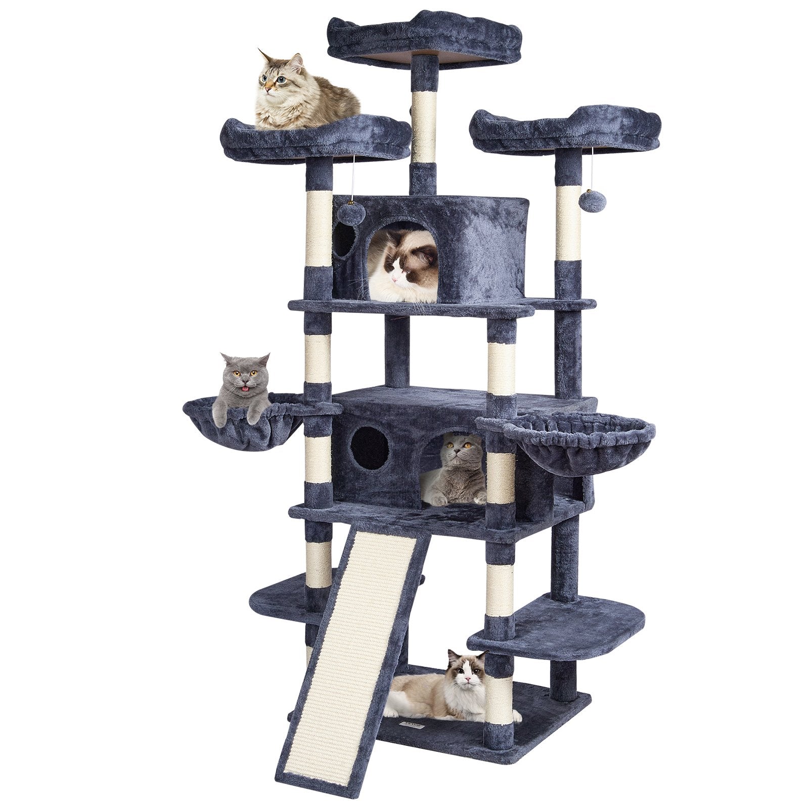 Cat Tree For Indoor Cats, 68.5" Cat Tower With 2 Cat Condos, Sisal Scratching Post, Hammocks, Top Perches, Jumping Platforms And Ramp, Cat Furniture Activity Center With Hang Balls, Dark Grey