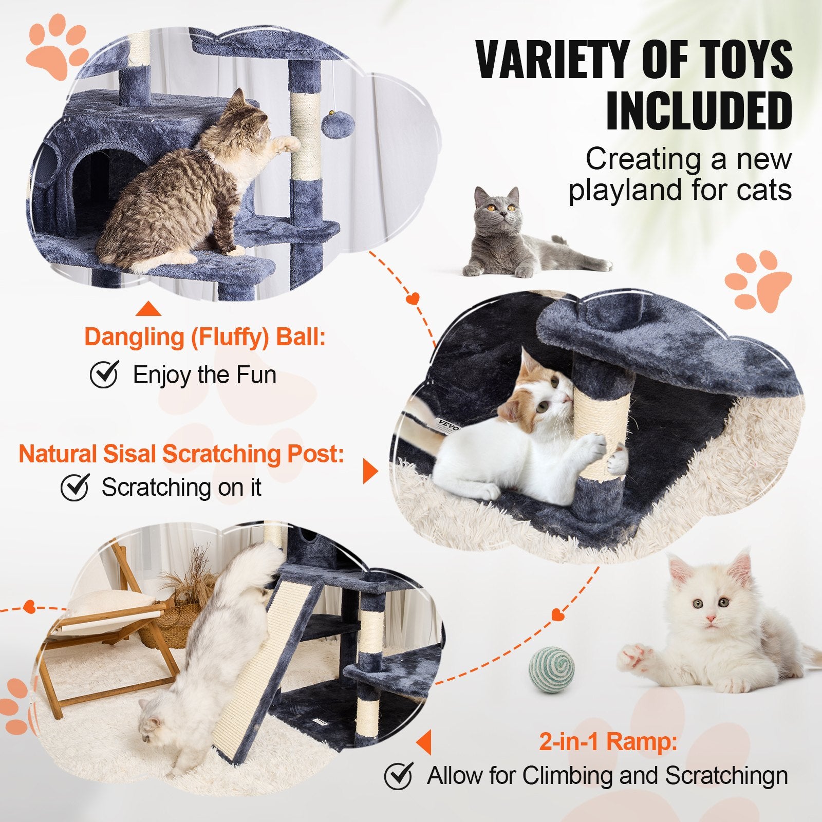 Cat Tree For Indoor Cats, 68.5" Cat Tower With 2 Cat Condos, Sisal Scratching Post, Hammocks, Top Perches, Jumping Platforms And Ramp, Cat Furniture Activity Center With Hang Balls, Dark Grey
