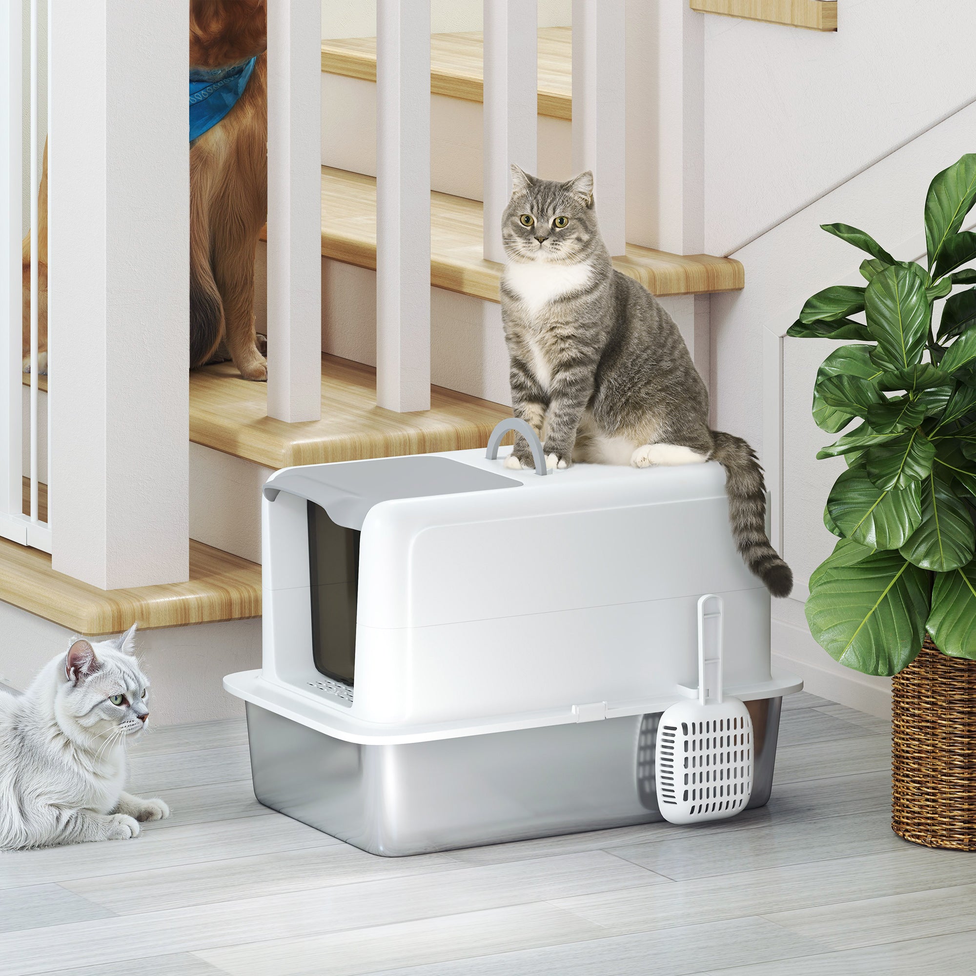 2 in 1 Stainless Steel Cat Litter Box with Removable Lid, Scoop, Filter Bags, for Small to Large Cats, White