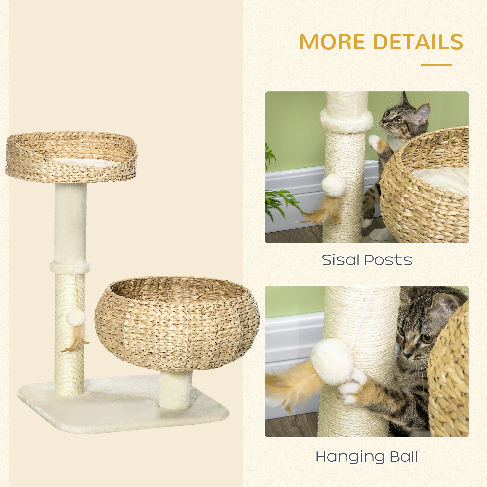28" Elevated Cat Bed with Sisal Scratching Post for Indoor Kitties, Modern Cat Tree with Cute Basket Design, Small Cat Tree with Fun Ball Toy