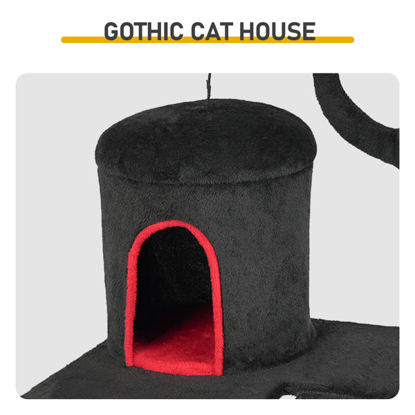 Gothic Cat Tree, Halloween Cat Tower Cat Tree With Spacious Cat Condo, Brach Shaped Scratching Post, Scratching Ladder, Spider Toy For Indoor Cats, Red & Black