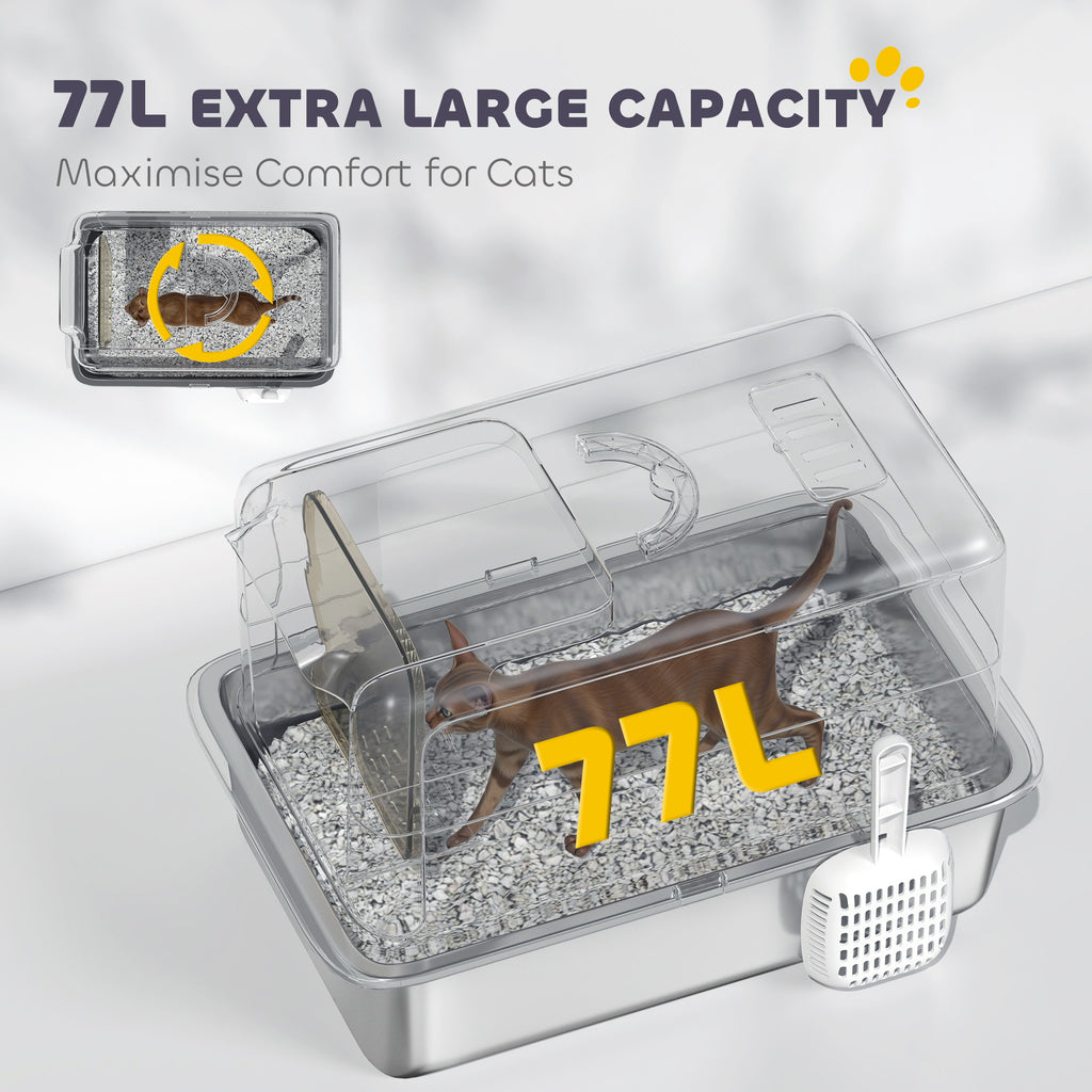 2 in 1 Stainless Steel Cat Litter Box with Removable Lid, Scoop, Filter Bags, for Small to Large Cats, White